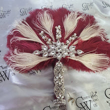 Load image into Gallery viewer, 16" Feather Bridal brooch Bouquet Ostrich Big Feather Fan Bridal Bouquet Ivory Great Gatsby 1920's wedding Crystal wedding uk
