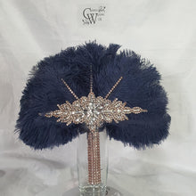 Load image into Gallery viewer, Wedding feather fan, Navy brides ostrich fan, wedding hand fan, Great Gatsby any colour as custom made by Crystal wedding uk