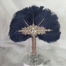 Load image into Gallery viewer, Wedding feather fan, Navy brides ostrich fan, wedding hand fan, Great Gatsby any colour as custom made by Crystal wedding uk
