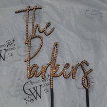 Load image into Gallery viewer, Personalized Crystal Wedding Cake Topper: Gold Rhinestone; ' THE' - your Surname - 8 inch Wide size
