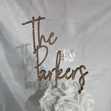 Load image into Gallery viewer, Personalized Crystal Wedding Cake Topper: Gold Rhinestone; ' THE' - your Surname - 8 inch Wide size