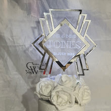 Load image into Gallery viewer, LED Wedding Cake topper - Gatsby 1920's design, Engraved Acrylic light-up by Crystal wedding uk