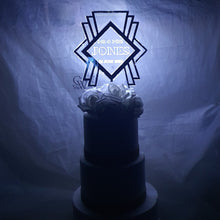 Load image into Gallery viewer, LED Wedding Cake topper - Gatsby 1920's design, Engraved Acrylic light-up by Crystal wedding uk