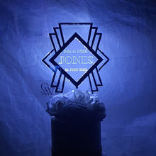 Load image into Gallery viewer, LED Wedding Cake topper - Gatsby 1920's design, Engraved Acrylic light-up by Crystal wedding uk