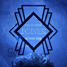 Load image into Gallery viewer, LED Wedding Cake topper - Gatsby 1920's design, Engraved Acrylic light-up by Crystal wedding uk