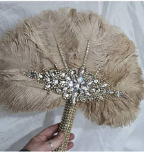 Load image into Gallery viewer, Vintage Champagne Ostrich Feather Bridal Fan: Rhinestone Crystal Handle