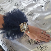 Load image into Gallery viewer, Feather wrist corsage,The Great Gatsby 1920's feather rhinestone brooch.