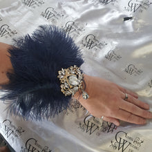Load image into Gallery viewer, Feather Wrist Corsage: Rhinestone Brooch, 1920s Gatsby Style