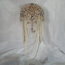 Load image into Gallery viewer, Gold Brooch bouquet, Jewel crystal wedding bouquet. Crystal Bridal Brooch Bouquet, cascade Jewel bouquet by Crystal wedding uk