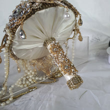 Load image into Gallery viewer, Gold Brooch bouquet, Jewel crystal wedding bouquet. Crystal Bridal Brooch Bouquet, cascade Jewel bouquet by Crystal wedding uk