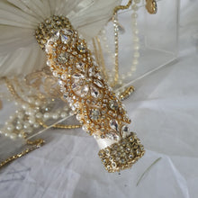 Load image into Gallery viewer, Gold Brooch bouquet, Jewel crystal wedding bouquet. Crystal Bridal Brooch Bouquet, cascade Jewel bouquet by Crystal wedding uk