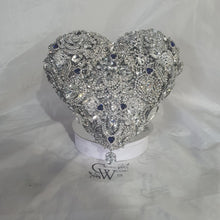 Load image into Gallery viewer, Something blue Brooch bouquet Heart shaped, trailing,cascading, jewel heart wedding bouquet. by Crystal wedding uk