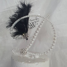 Load image into Gallery viewer, PEARL Letter cake topper monogram linitials. Lace and pearl Cake decor, Wedding cake topper jewel letters decorations surname