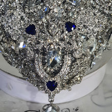 Load image into Gallery viewer, Something blue Brooch bouquet Heart shaped, trailing,cascading, jewel heart wedding bouquet. by Crystal wedding uk
