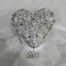 Load image into Gallery viewer, Something blue Brooch bouquet Heart shaped, trailing,cascading, jewel heart wedding bouquet. by Crystal wedding uk