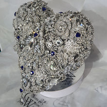 Load image into Gallery viewer, Something blue Brooch bouquet Heart shaped, trailing,cascading, jewel heart wedding bouquet. by Crystal wedding uk