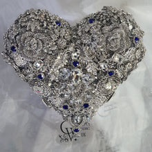 Load image into Gallery viewer, Something blue Brooch bouquet Heart shaped, trailing,cascading, jewel heart wedding bouquet. by Crystal wedding uk