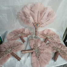 Load image into Gallery viewer, Set of blush pink 6 Feather Fan bouquets, Ostrich feathers, wedding style 1920's - any colour as custom made by Crystal wedding uk