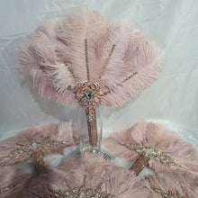 Load image into Gallery viewer, Set of blush pink 6 Feather Fan bouquets, Ostrich feathers, wedding style 1920's - any colour as custom made by Crystal wedding uk
