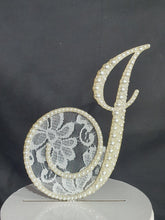 Load image into Gallery viewer, PEARL Letter 6' cake topper monogram linitials. Lace and pearl Cake decor, Wedding cake topper jewel letters decorations surname