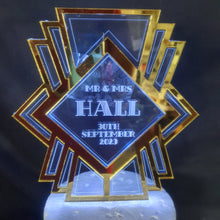 Load image into Gallery viewer, LED Wedding Cake topper - Gatsby 1920's design, Engraved Acrylic light-up by Crystal wedding uk