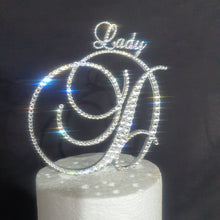 Load image into Gallery viewer, Swarovski Crystal Letter 6"monogram initial, with smaller name/word, rhinestone Cake Topper, birthday Quincinera topper,jewel letter,