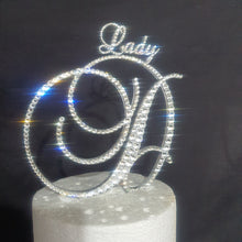 Load image into Gallery viewer, Swarovski Crystal Letter 6"monogram initial, with smaller name/word, rhinestone Cake Topper, birthday Quincinera topper,jewel letter,