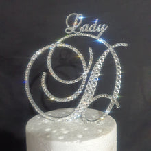 Load image into Gallery viewer, Swarovski Crystal Letter 6"monogram initial, with smaller name/word, rhinestone Cake Topper, birthday Quincinera topper,jewel letter,