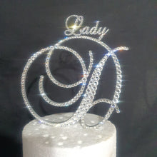 Load image into Gallery viewer, Swarovski Crystal Letter 6"monogram initial, with smaller name/word, rhinestone Cake Topper, birthday Quincinera topper,jewel letter,
