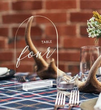 Load image into Gallery viewer, Wedding Table Numbers,Arched Table Numbers Printed Acrylic Table sign, Custom Wedding Reception Sign, Wedding Signs, by Crystal Wedding UK