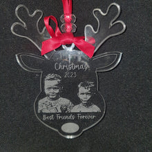 Load image into Gallery viewer, Personalised photo Reindeer Christma tree hanging decoration any message with picture , acrylic ornament gift, bauble by Crystal wedding uk