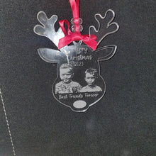 Load image into Gallery viewer, Personalised photo Reindeer Christma tree hanging decoration any message with picture , acrylic ornament gift, bauble by Crystal wedding uk