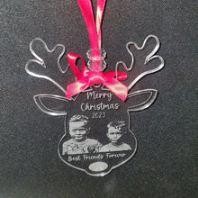 Load image into Gallery viewer, Personalised photo Reindeer Christma tree hanging decoration any message with picture , acrylic ornament gift, bauble by Crystal wedding uk