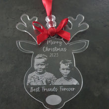 Load image into Gallery viewer, Personalised photo Reindeer Christma tree hanging decoration any message with picture , acrylic ornament gift, bauble by Crystal wedding uk