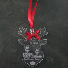 Load image into Gallery viewer, Personalised photo Reindeer Christma tree hanging decoration any message with picture , acrylic ornament gift, bauble by Crystal wedding uk