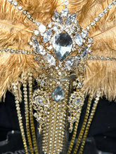 Load image into Gallery viewer, Gold Bridal Feather Fan Bouquet, 1920s Gatsby Rhinestone Brooch