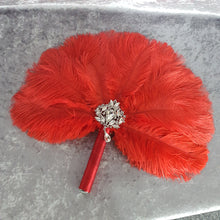 Load image into Gallery viewer, Red feather fan - Great Gatsby ostrich feather wedding style 1920's - any colour as custom made by Crystal wedding uk