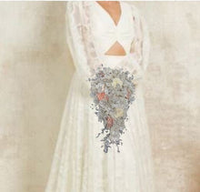 Load image into Gallery viewer, Ivory flower bouquet, rhinestone bridal flowers , any colour satin roses and pearls Luxury brides bouquet by Crystal Wedding UK