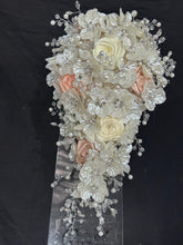 Load image into Gallery viewer, Ivory flower bouquet, rhinestone bridal flowers , any colour satin roses and pearls Luxury brides bouquet by Crystal Wedding UK
