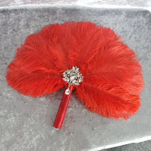 Load image into Gallery viewer, Red feather fan - Great Gatsby ostrich feather wedding style 1920's - any colour as custom made by Crystal wedding uk