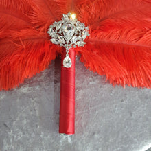 Load image into Gallery viewer, Red feather fan - Great Gatsby ostrich feather wedding style 1920's - any colour as custom made by Crystal wedding uk
