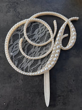 Load image into Gallery viewer, PEARL Letter 6' cake topper monogram linitials. Lace and pearl Cake decor, Wedding cake topper jewel letters decorations surname