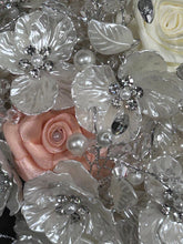 Load image into Gallery viewer, Ivory flower bouquet, rhinestone bridal flowers , any colour satin roses and pearls Luxury brides bouquet by Crystal Wedding UK