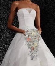 Load image into Gallery viewer, Ivory flower bouquet, rhinestone bridal flowers , any colour satin roses and pearls Luxury brides bouquet by Crystal Wedding UK