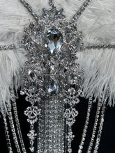 Load image into Gallery viewer, White Ostrich Feather Bridal Fan, Rhinestone Wedding Bouquet, 1920s Style