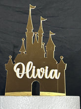 Load image into Gallery viewer, Castle Cake topper -mirror acrylic - FAIRYTALE CASTLE design, Cake decoration by Crystal wedding uk