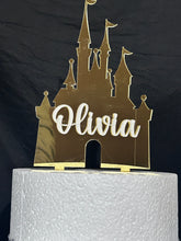Load image into Gallery viewer, Castle Cake topper -mirror acrylic - FAIRYTALE CASTLE design, Cake decoration by Crystal wedding uk