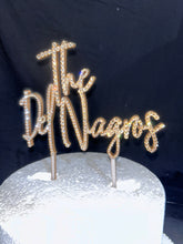 Load image into Gallery viewer, Personalized Crystal Wedding Cake Topper: Gold Rhinestone; ' THE' - your Surname - 8 inch Wide size