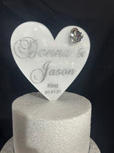 Load image into Gallery viewer, Heart Cake Topper, Wedding Cake Topper, White Acrylic Cake Topper with Personalised Names, Etched Engraved Heart Cake Topper