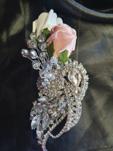 Load image into Gallery viewer, Crystal brooch buttonhole with crystals & Foam roses by Crystal wedding uk